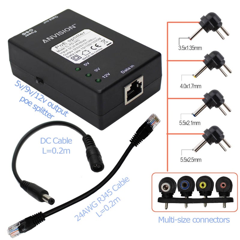 ANVISION Active Gigabit PoE Splitter Adapter with Multi-Size Tips, IEEE 802.3af Compliant, DC 5V 9V 12V Power Output, for IP Camera AP Voip Phone and More - Image 4